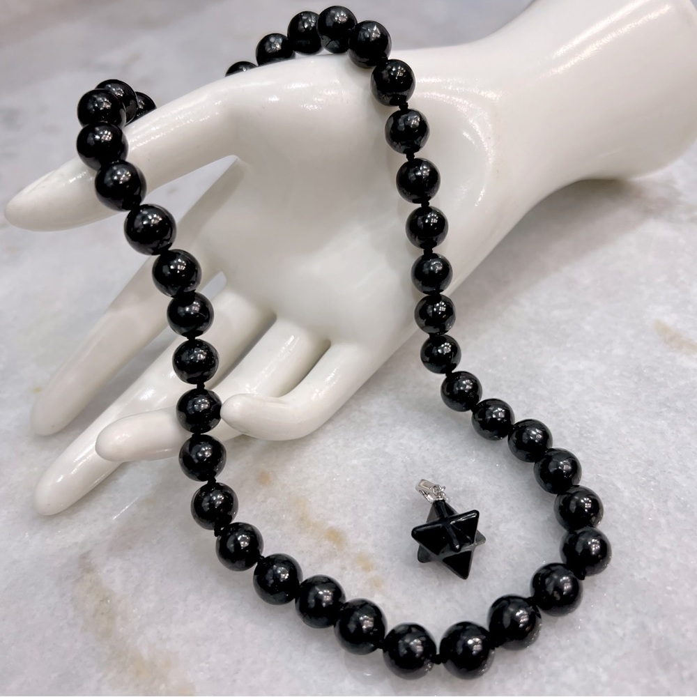 Shungite Merkaba Star Enhancer Pendant with Beaded S925 Magnetic Clasp Necklace